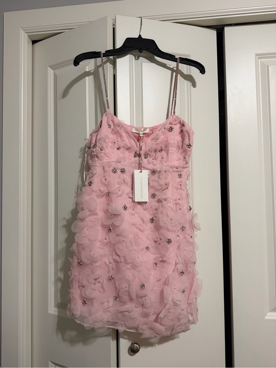 LoveShackFancy Dresses & Skirts - LoveShackFancy Pink Floral Appliqué Mini Dress with Beaded Accents